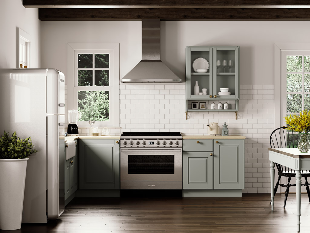 Stilvolle Küche im Landhausstil mit grauen Schränken, Retro-Kühlschrank, großem Edelstahlherd, weißen Fliesen und Holzdetails