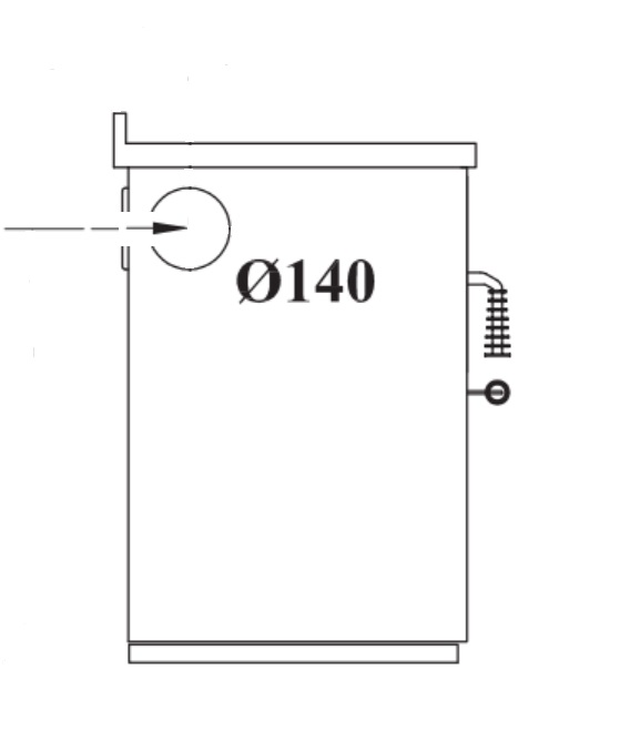 Seitenansicht eines zylindrischen Behälters mit markierter Anschlussöffnung, Durchmesser 140 mm