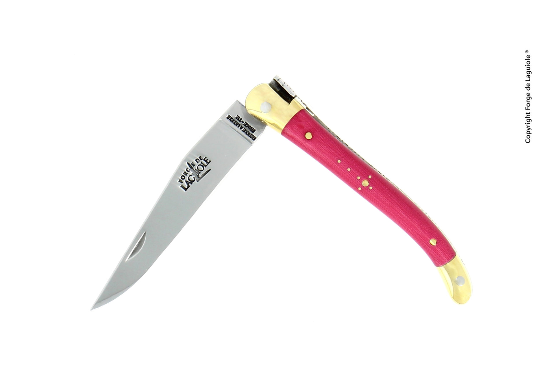 Klassisches Laguiole Taschenmesser mit rosafarbenem Griff und Edelstahlklinge, handgefertigt von Forge de Laguiole