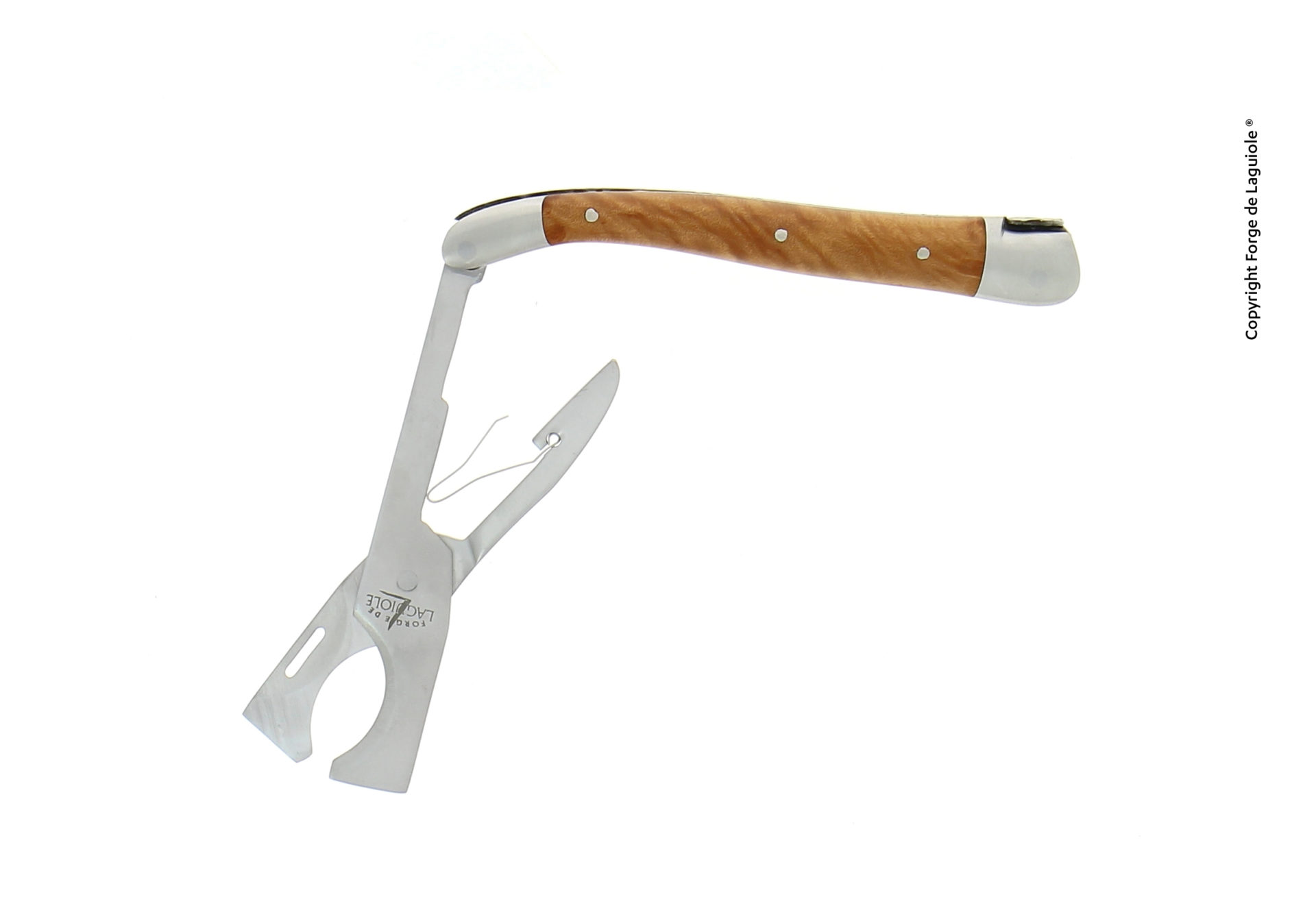 Kapselheber von Forge de Laguiole mit ergonomischem Holzgriff und Edelstahlklinge, geöffnet auf weißem Hintergrund