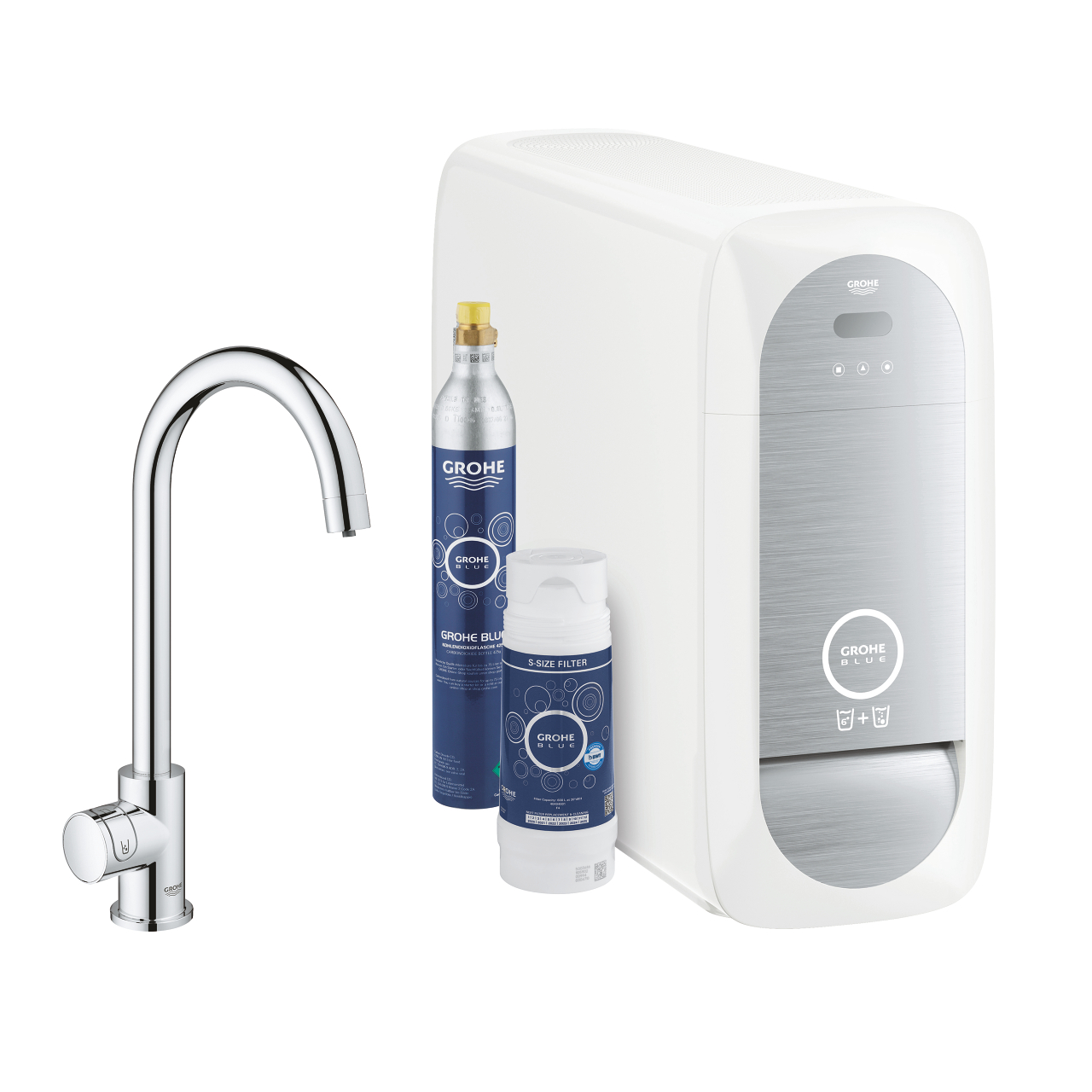 Abbildung eines Grohe Blue Wassersystems mit moderner Küchenarmatur, Filterkartusche, CO2-Zylinder und Kühleinheit