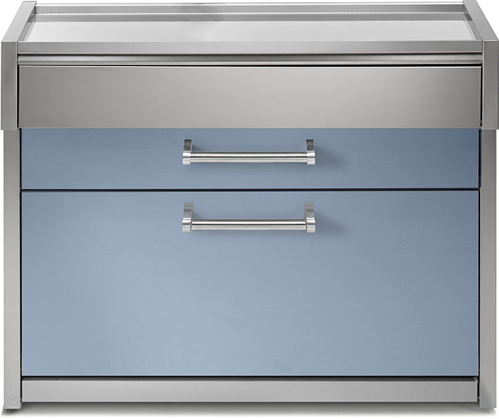 Küchenschrank aus Edelstahl mit zwei Schubladen und blauer Front, geeignet für moderne Küchen