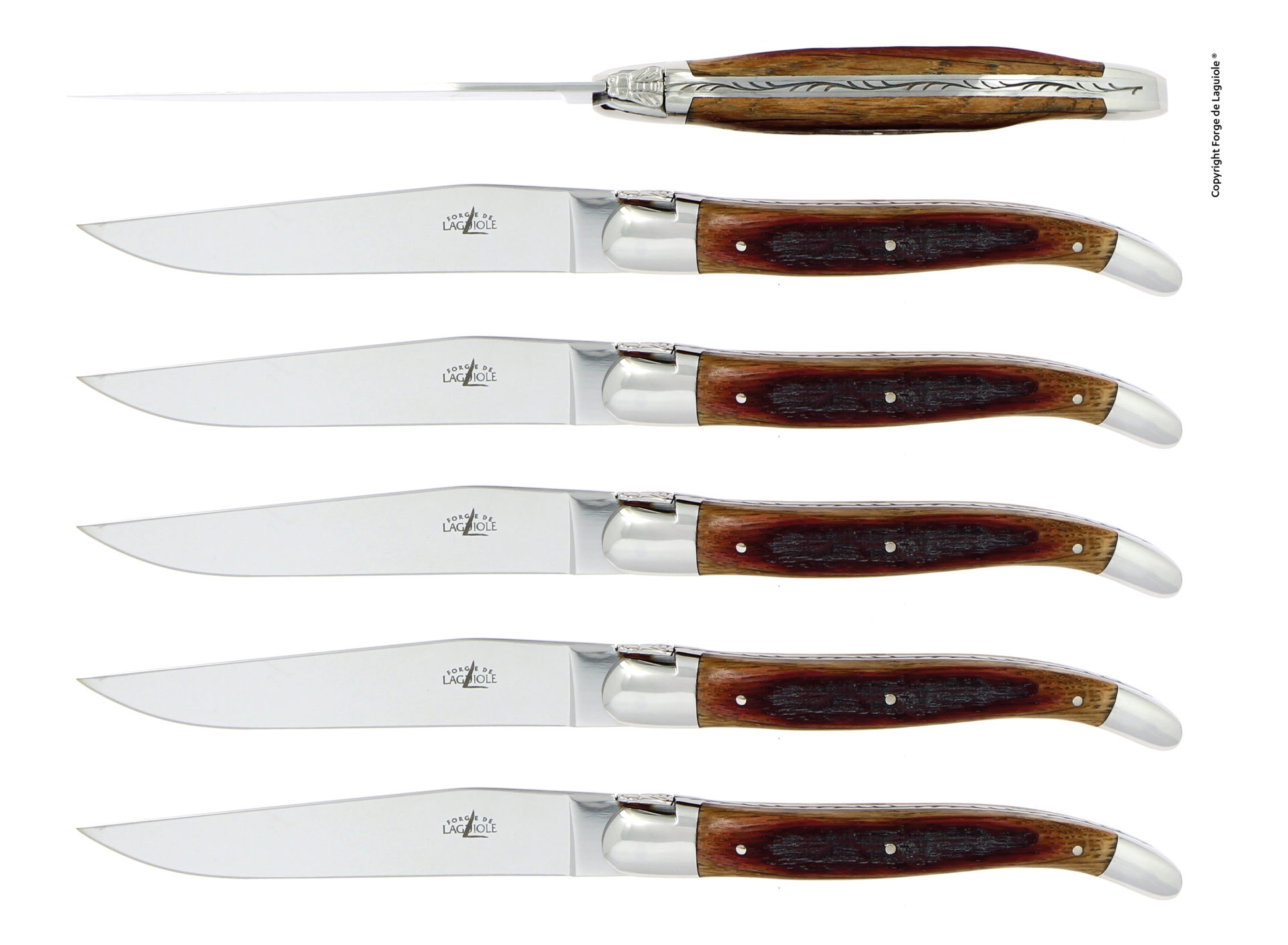 Sechs Laguiole Steakmesser mit Holzgriffen und Edelstahlklingen, seitliche und obere Ansicht, elegant verarbeitet