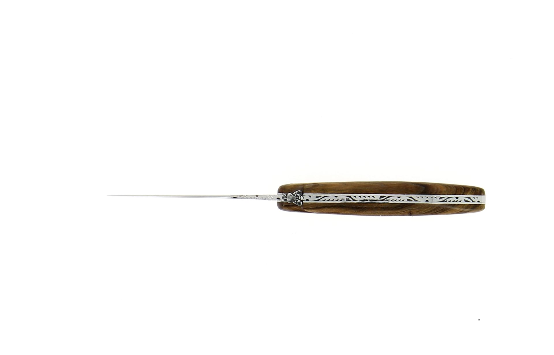 Seitenansicht eines Laguiole Taschenmessers mit verziertem Edelstahlrücken und Griff aus Holz