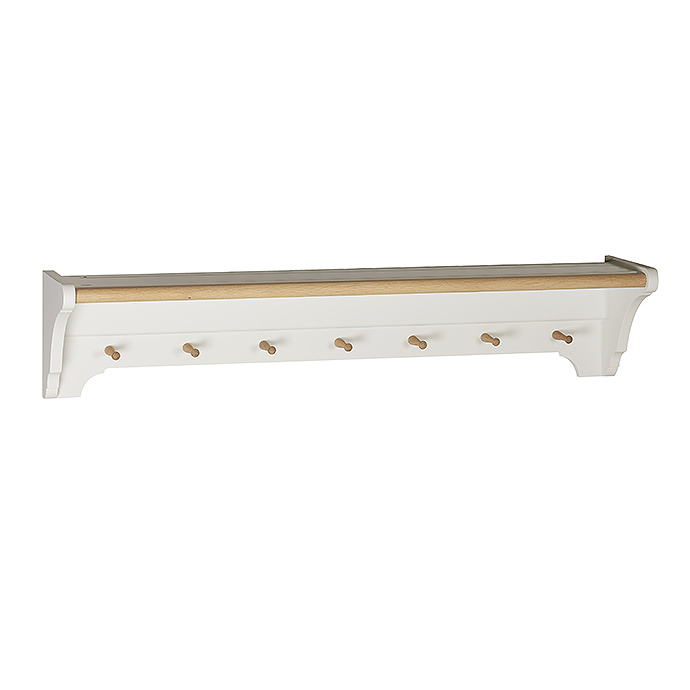 Weiße Wandgarderobe mit sieben Holzhaken und Ablagefläche, ideal für Flur oder Garderobe