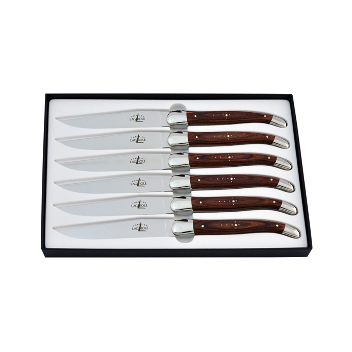 Sechsteiliges Laguiole Steakmesser Set mit Holzgriffen in einer schwarzen Geschenkbox, ideal für Fleischgerichte