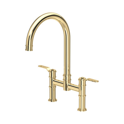 Goldene Zweigriff-Küchenarmatur mit hohem Auslauf im Retro-Look, Messing, für Spülbecken