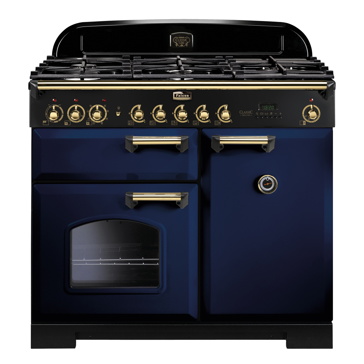 Blauer Falcon Classic Deluxe 110 Gasherd mit goldenen Details, zwei Backöfen und sechs Kochfeldern, freistehend