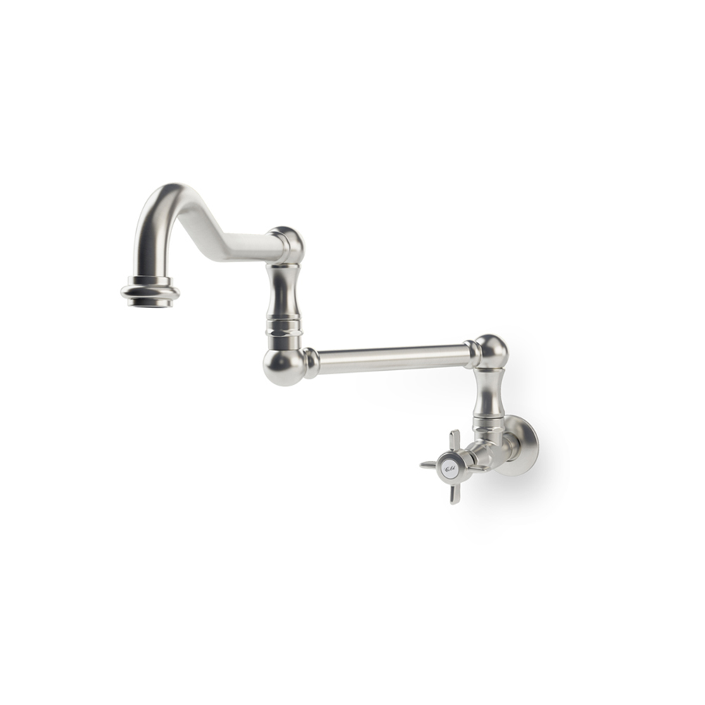 Wandmontierter Wasserhahn aus Edelstahl mit schwenkbarem Auslauf und klassischem Griff