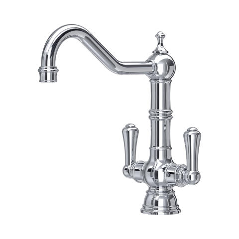 Zweigriff-Küchenarmatur aus Chrom mit hohem Schwanenhals-Auslauf im klassischen Retro-Design, ideal für Spüle oder Waschbecken