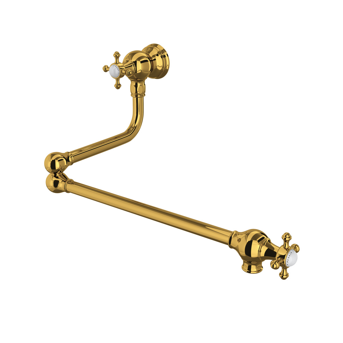 Schwenkbare Wand-Topffüller Küchenarmatur aus Messing in poliertem Gold mit zwei Kreuzgriffen und langem Auslegerarm, klassisches Design – ideal zum Befüllen von Töpfen am Herd