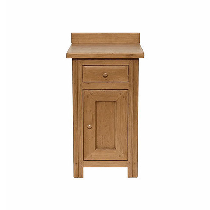 Massiver Holzschrank mit einer Schublade oben und einer Tür unten, geeignet als Nachttisch oder Beistellschrank