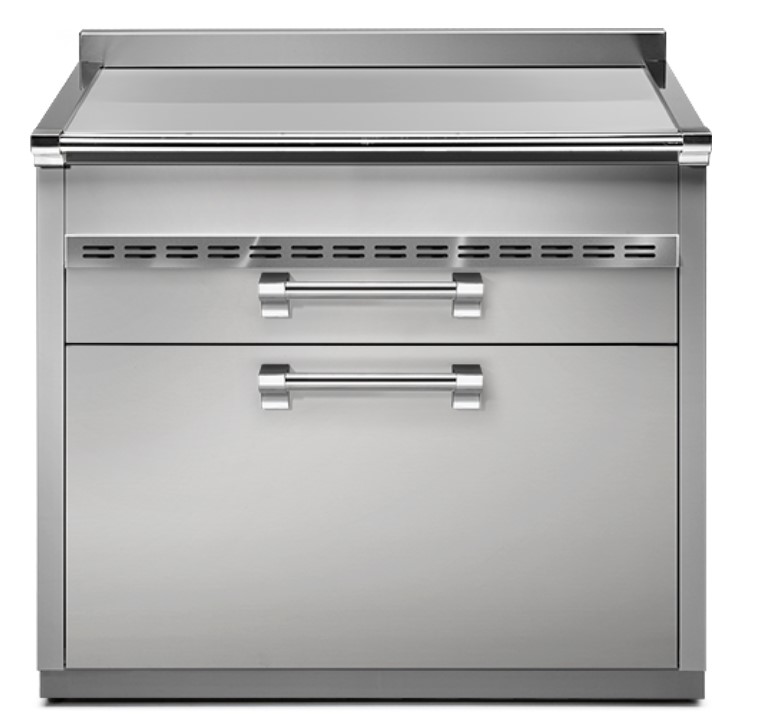 Moderner Edelstahl-Unterschrank mit zwei großen Schubladen und robusten Griffen, ideal für professionelle Küchen oder Gastronomiebetriebe