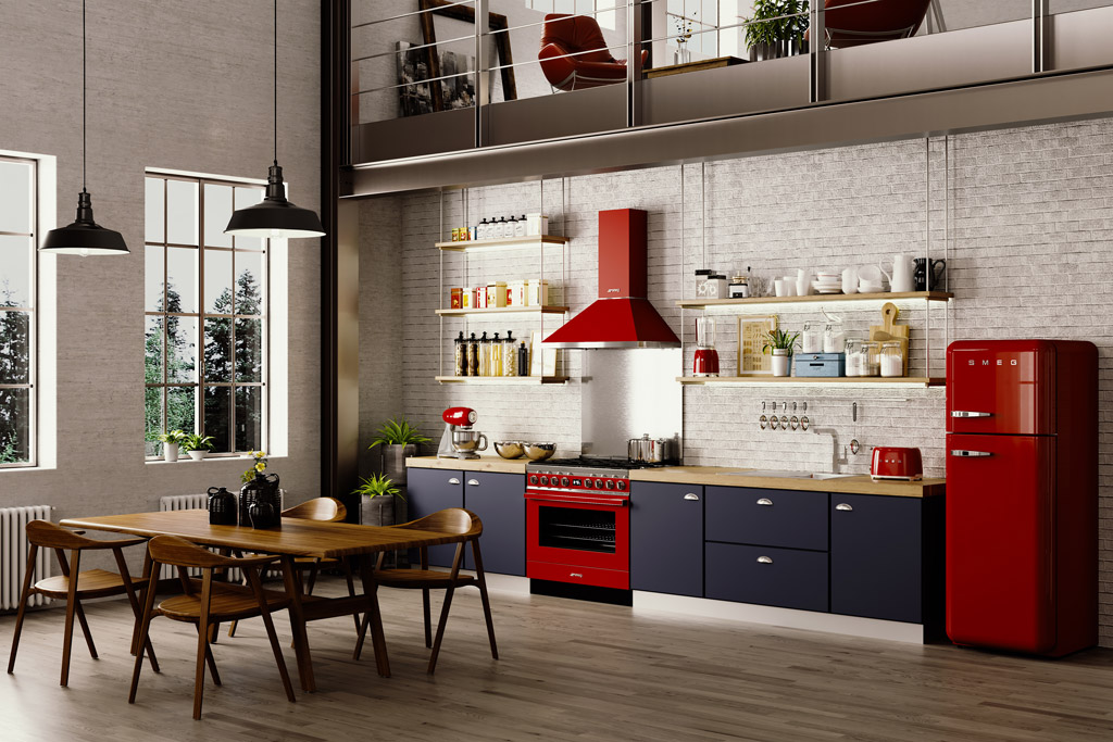 Offene Loftküche mit roten Küchengeräten von SMEG, Holz-Esstisch, großen Fenstern und industriellem Einrichtungsstil