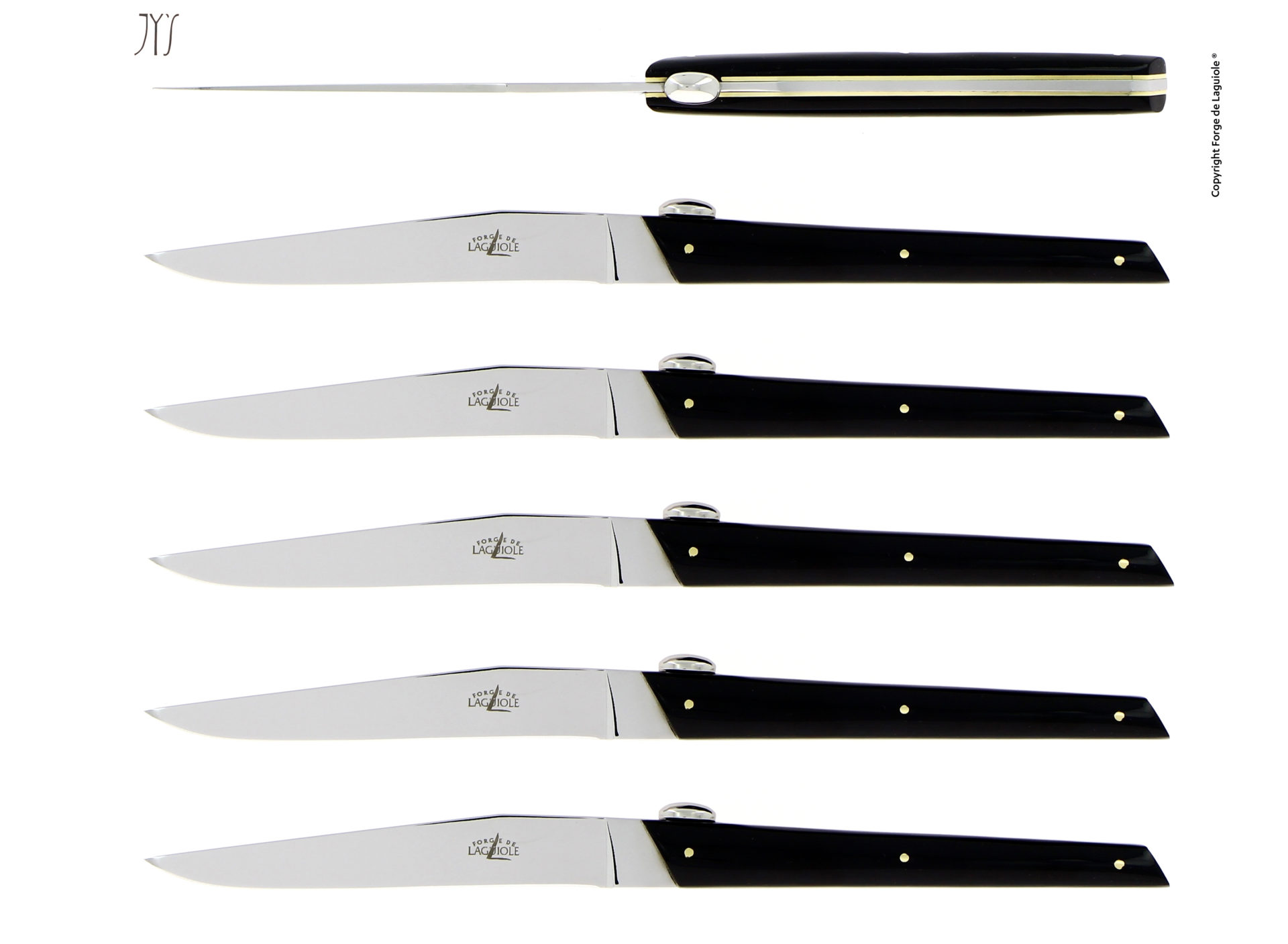 Sechs Steakmesser von Forge de Laguiole mit schwarzen Griffen, seitlich und von oben fotografiert, 6-teiliges Set