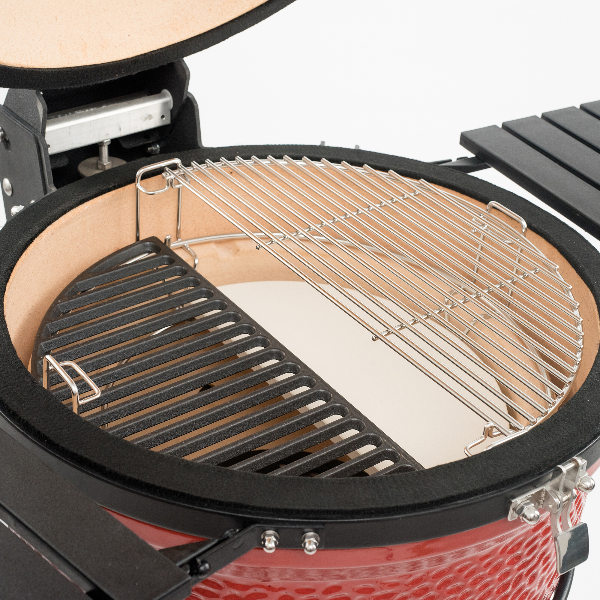 Kamado-Keramikgrill mit geteiltem Edelstahl- und Gusseisen-Grillrost sowie Deflektorstein für indirektes Grillen
