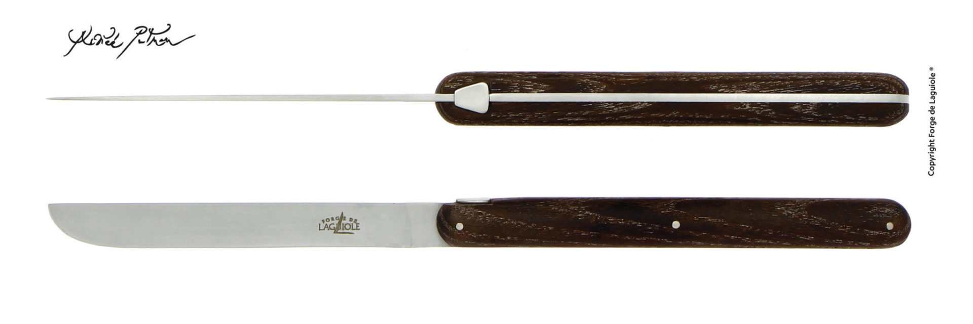 Edles Laguiole Tafelmesser mit Holzgriff und Edelstahlklinge, seitlich und von oben abgebildet