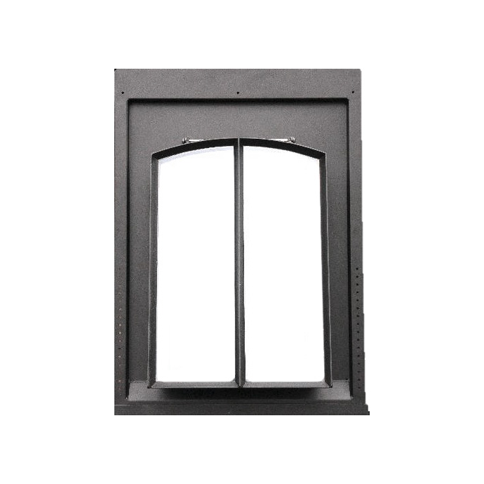 Schwarze Ofentür mit zwei gläsernen Sichtfenstern und elegant gebogenem Rahmen, geeignet für Kaminöfen