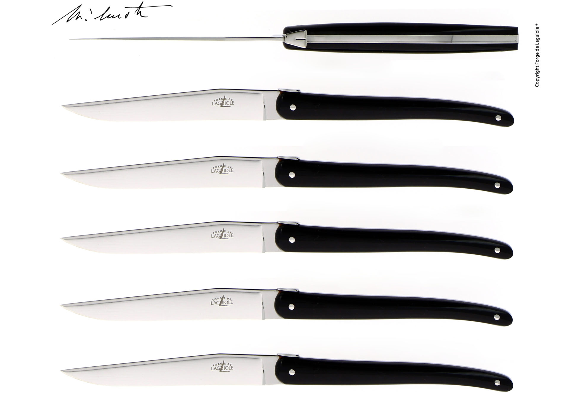 Sechs hochwertige Steakmesser der Marke Laguiole mit schwarzen Griffen, nebeneinander auf weißem Hintergrund angeordnet.
