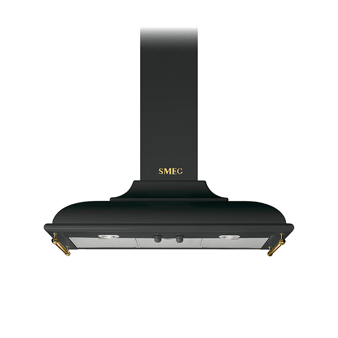 Schwarze SMEG Dunstabzugshaube mit goldenen Elementen, klassische Küchenabzugshaube im Retro-Stil