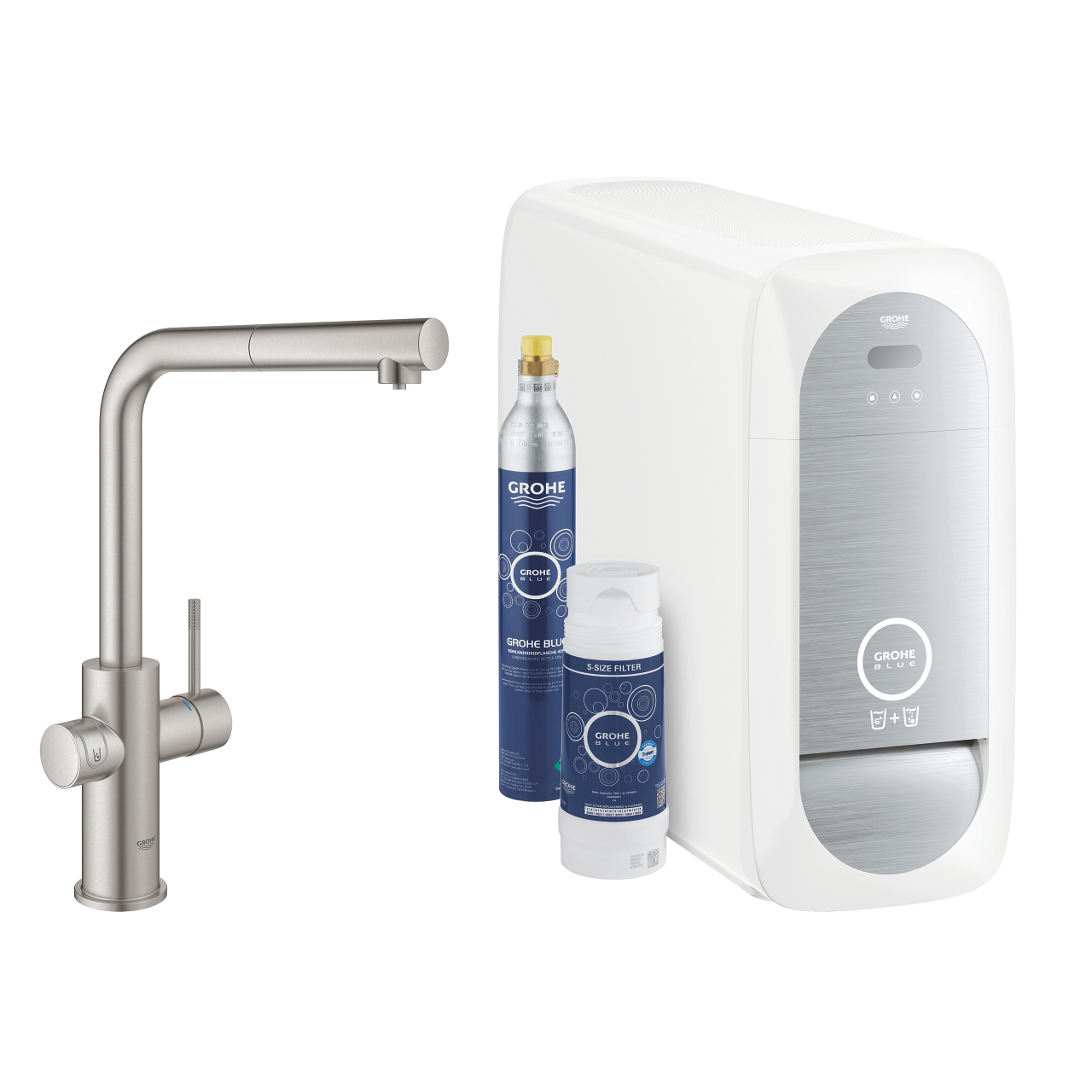 GROHE Blue Home Komplettset bestehend aus moderner Küchenarmatur, Wassersystem, CO2-Flasche und Wasserfilter