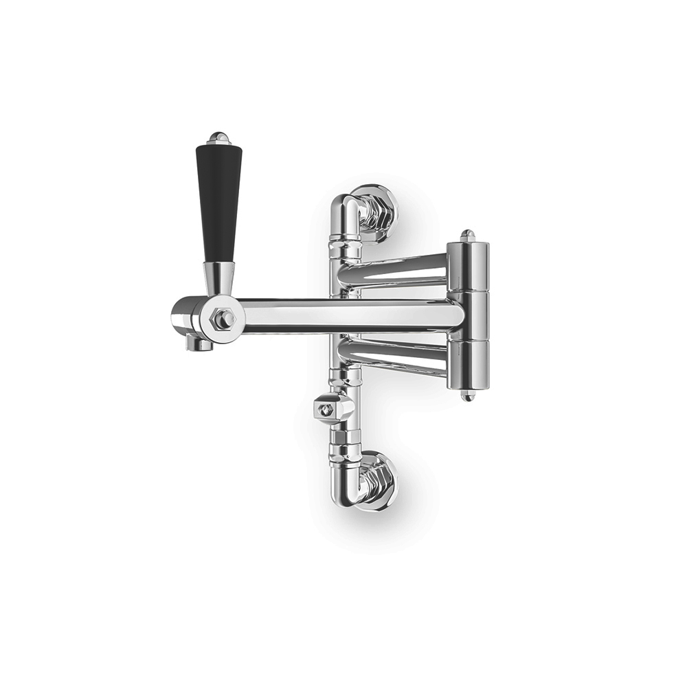 Verchromter Wandarm Wasserhahn mit schwenkbaren Gelenken und schwarzem Griff, ideal für Küchen oder Hauswirtschaftsräume