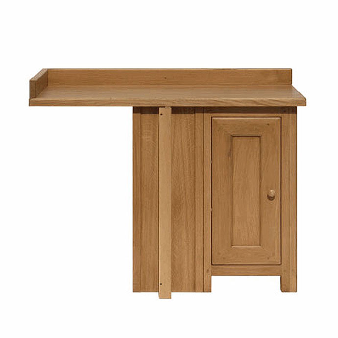 Robuster Holztisch aus Eiche mit einem Seitenschrank und leicht erhöhter Ablagefläche, ideal als Arbeits- oder Konsolentisch