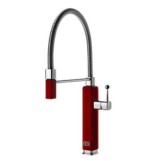 Design-Küchenarmatur in Rot und Silber mit flexiblem, hohem Auslauf