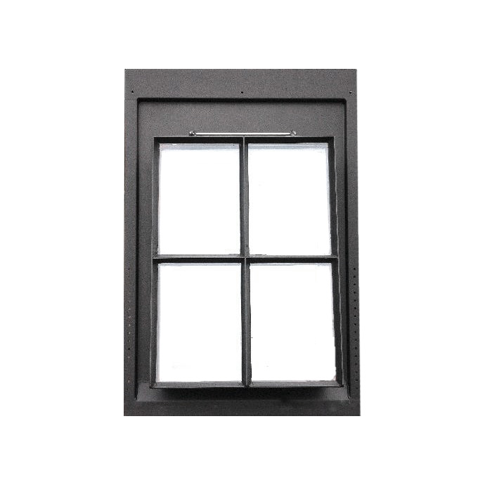 Schwarzes Fenster mit vier Glasfeldern und stabilem Rahmen, geeignet für Wohn- und Geschäftsräume
