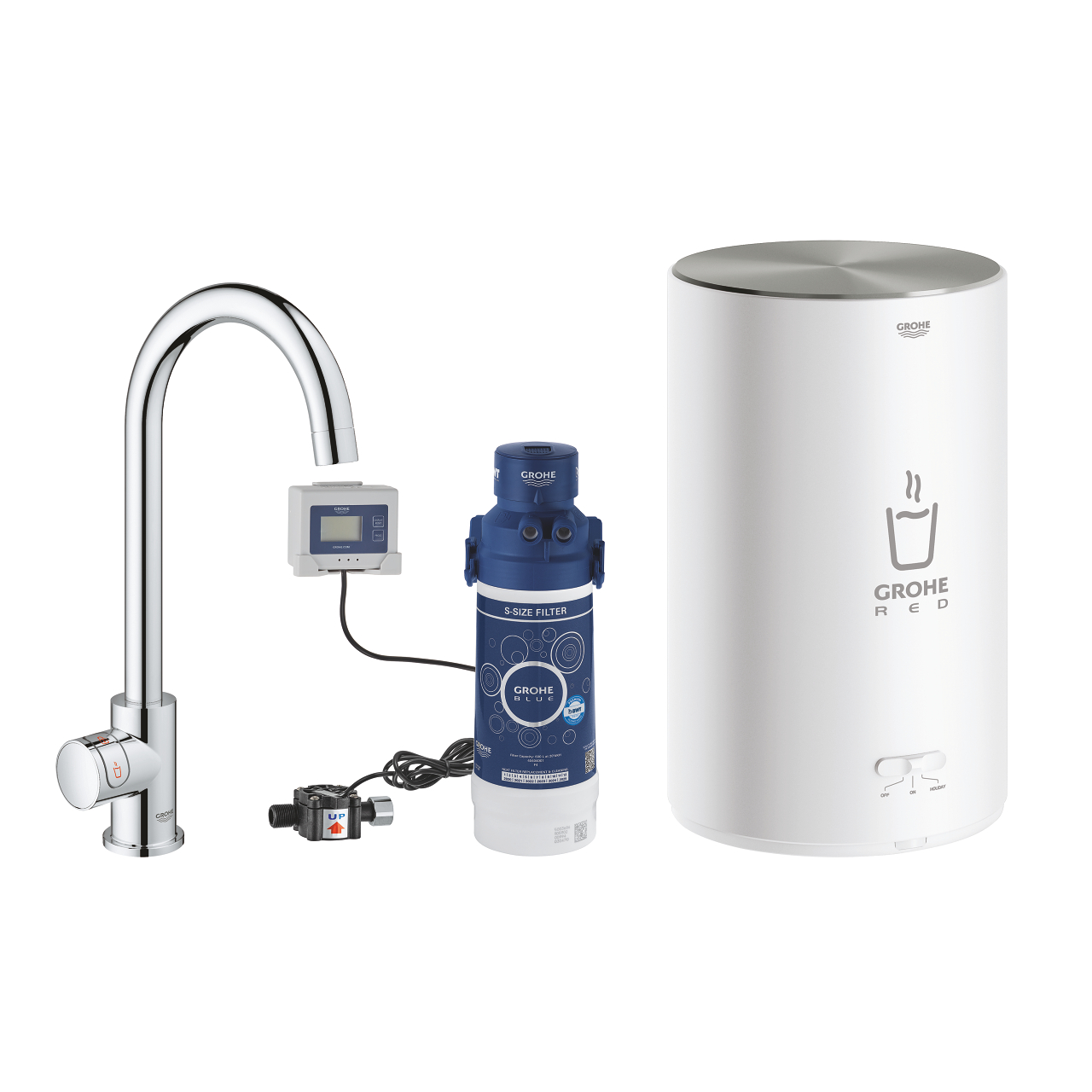 Set aus GROHE Red Wasserhahn, Boiler, Filter und Steuerungseinheit zur sofortigen Bereitstellung von kochendem Wasser in der Küche