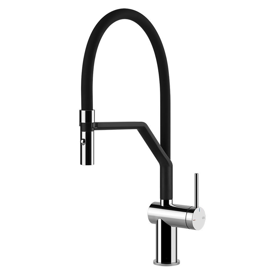 Spültischarmatur schwarz/chrom, hoher Bogen, Handbrause