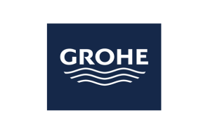GROHE Logo auf dunkelblauem Hintergrund mit weißen Wellenlinien, Hersteller für Sanitärtechnik und hochwertige Badarmaturen