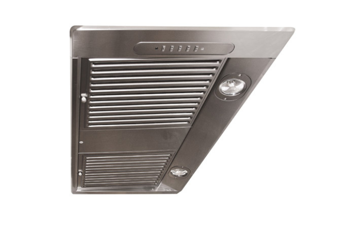 Moderne Einbau-Dunstabzugshaube aus Edelstahl mit zwei LED-Leuchten und Metall-Fettfilter, geeignet für Küchen