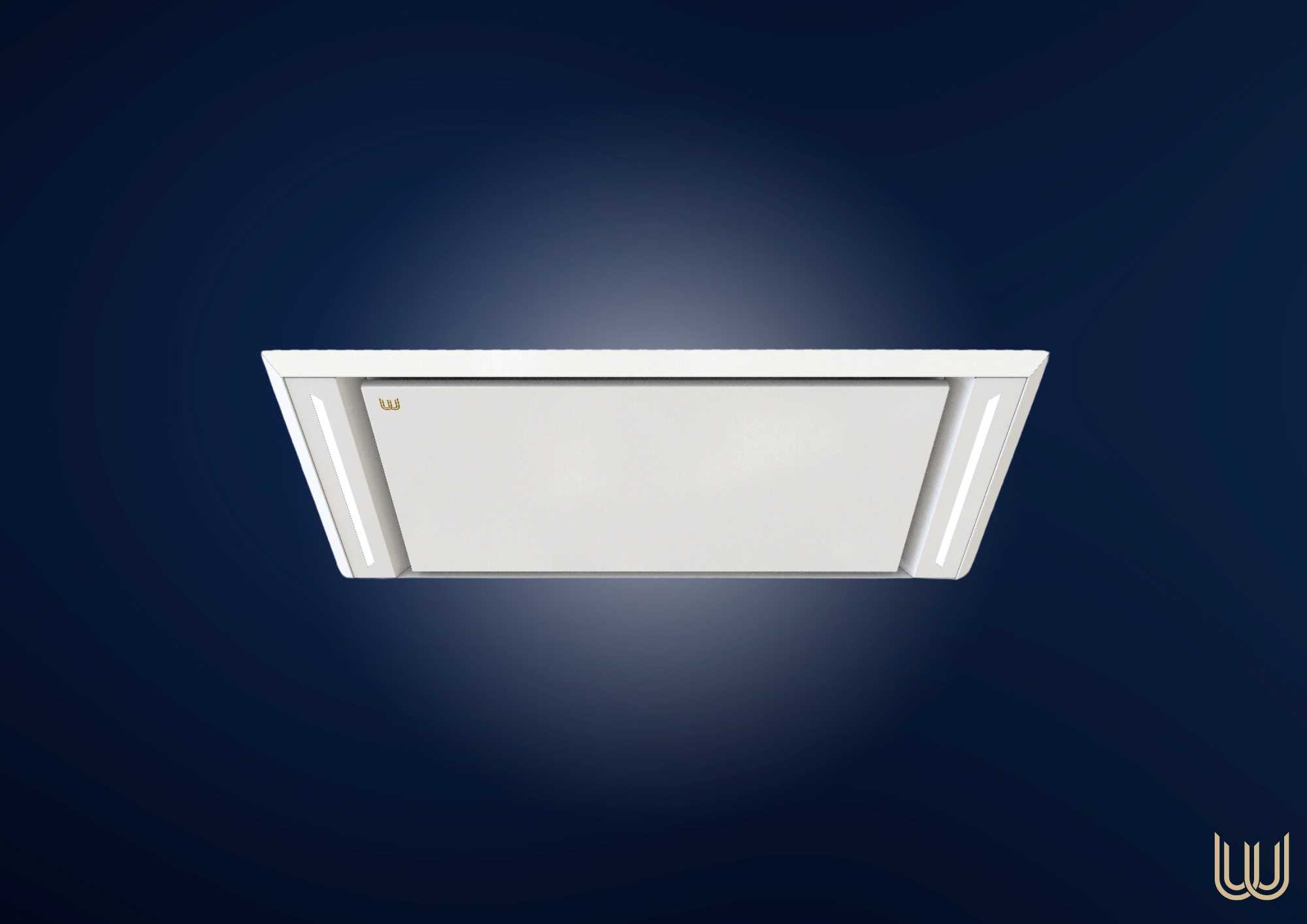 Weiße, rechteckige Deckenlampe mit integrierten LED-Leuchtstreifen auf dunklem Hintergrund