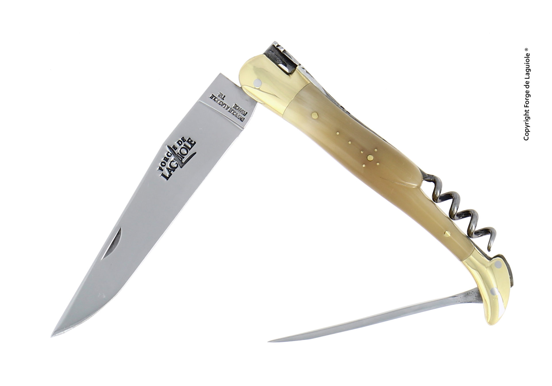 Elegantes Laguiole Taschenmesser mit poliertem Horngriff, großer Klinge, integriertem Korkenzieher und Zusatzwerkzeug, traditionell gefertigt