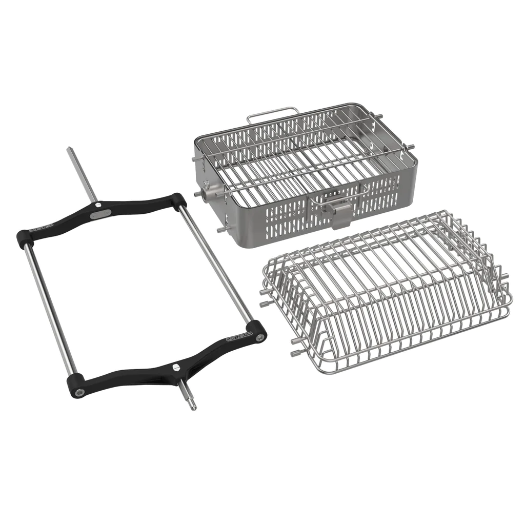Drehspieß-Korb-Set aus Edelstahl mit Rahmen und Körben, geeignet für Grill und BBQ
