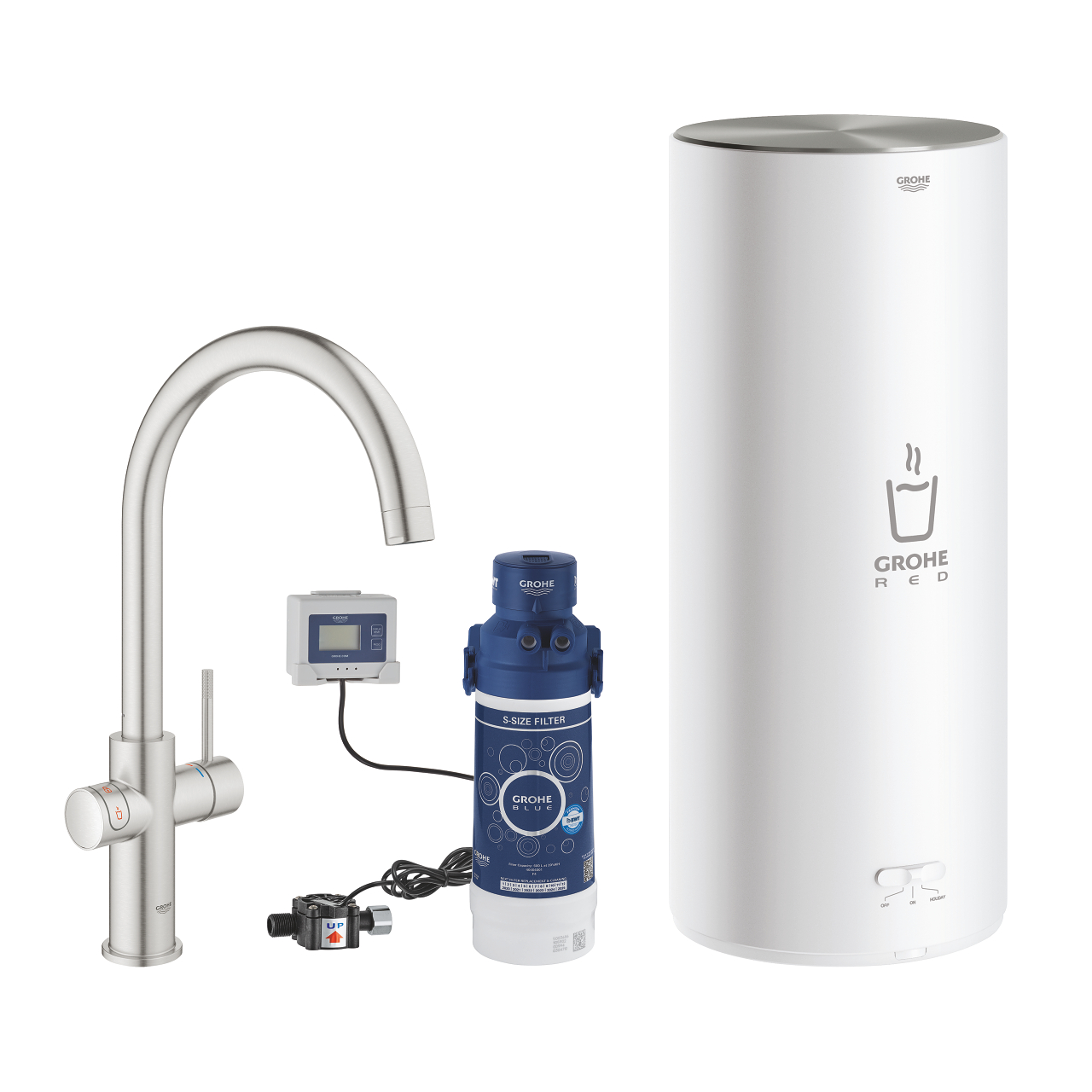 GROHE Red Komplettset bestehend aus Edelstahl-Armatur, Boiler, Filterkartusche, Pumpe und digitaler Steuereinheit