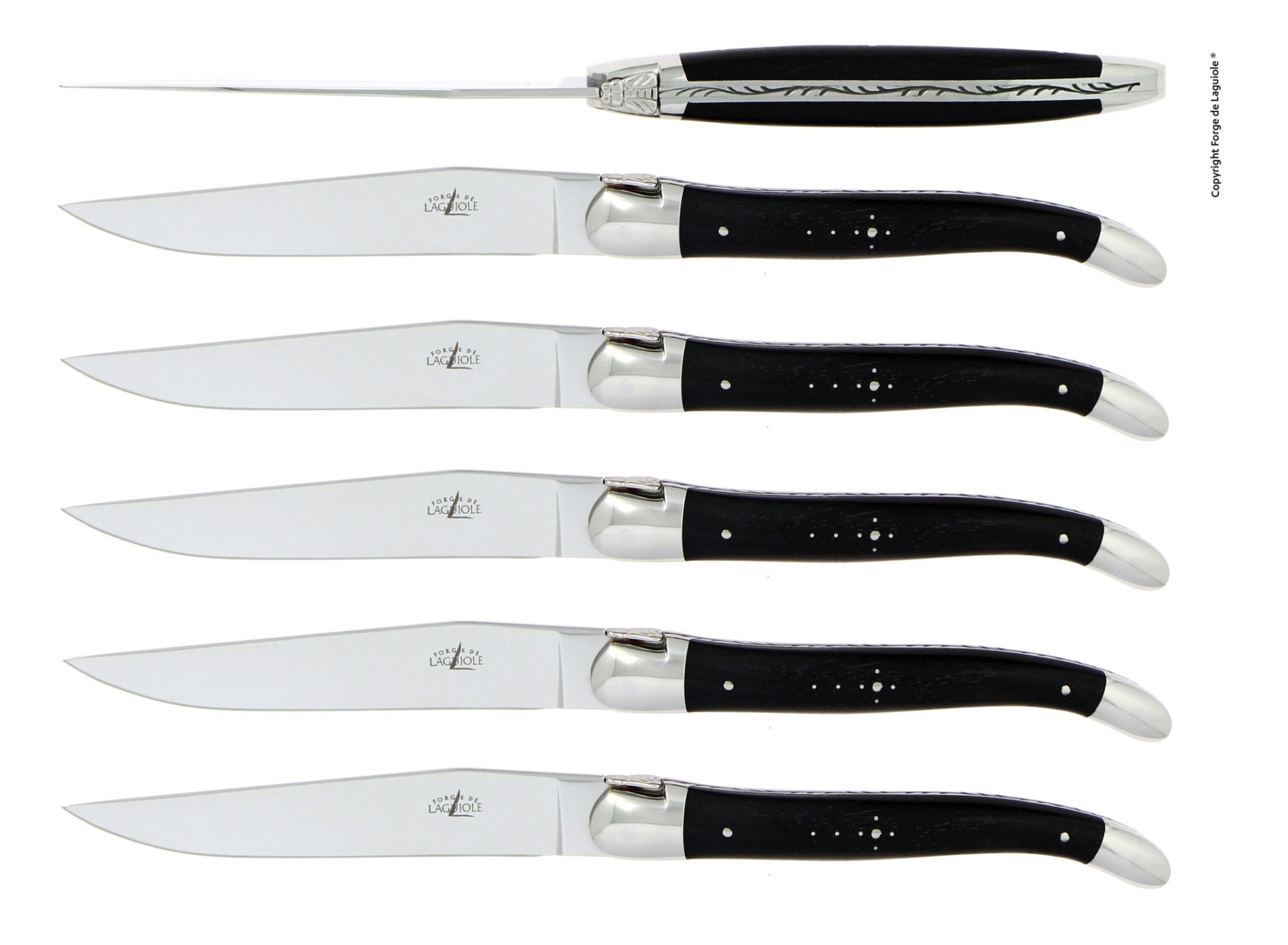 Sechs hochwertige Laguiole Steakmesser mit Edelstahlklinge und schwarzem Griff, elegant und modern angeordnet