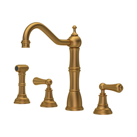 Küchenarmatur 4-Loch in gebürstetem Messing/Gold mit hohem Schwanenhals-Auslauf, zwei Bediengriffen und separater Seitenbrause; edles Retro Design für Spülbecken, robuste Messingkonstruktion