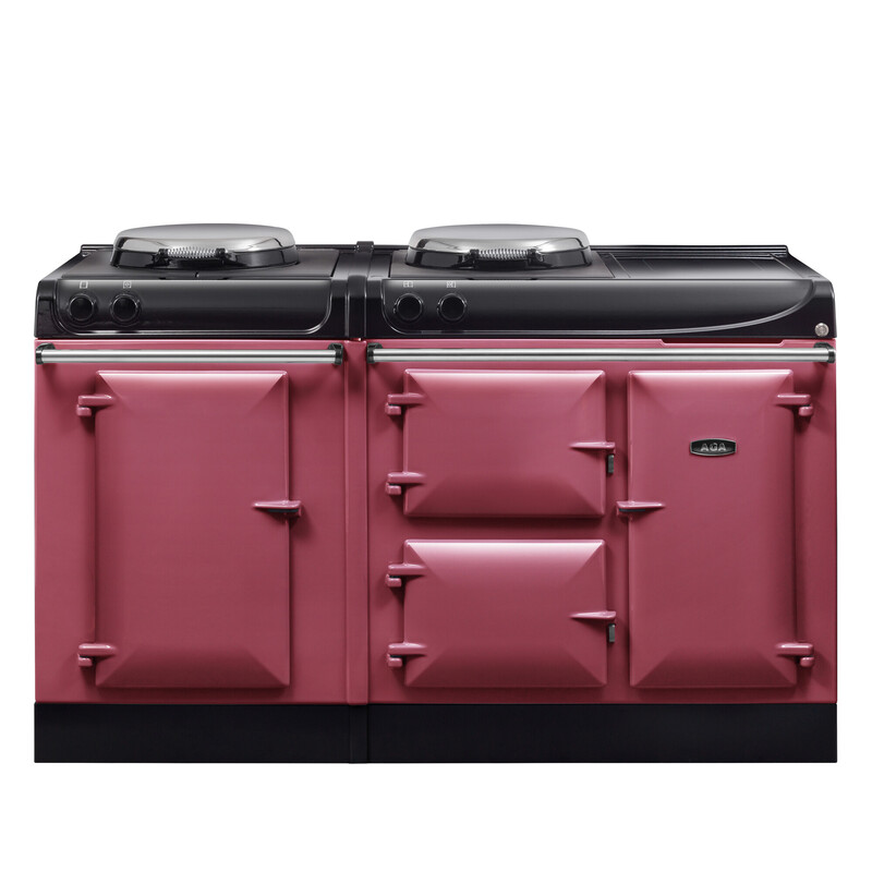 Pinkfarbener AGA Herd mit mehreren Türen und zwei Kochplatten, klassisches Design für die Küche