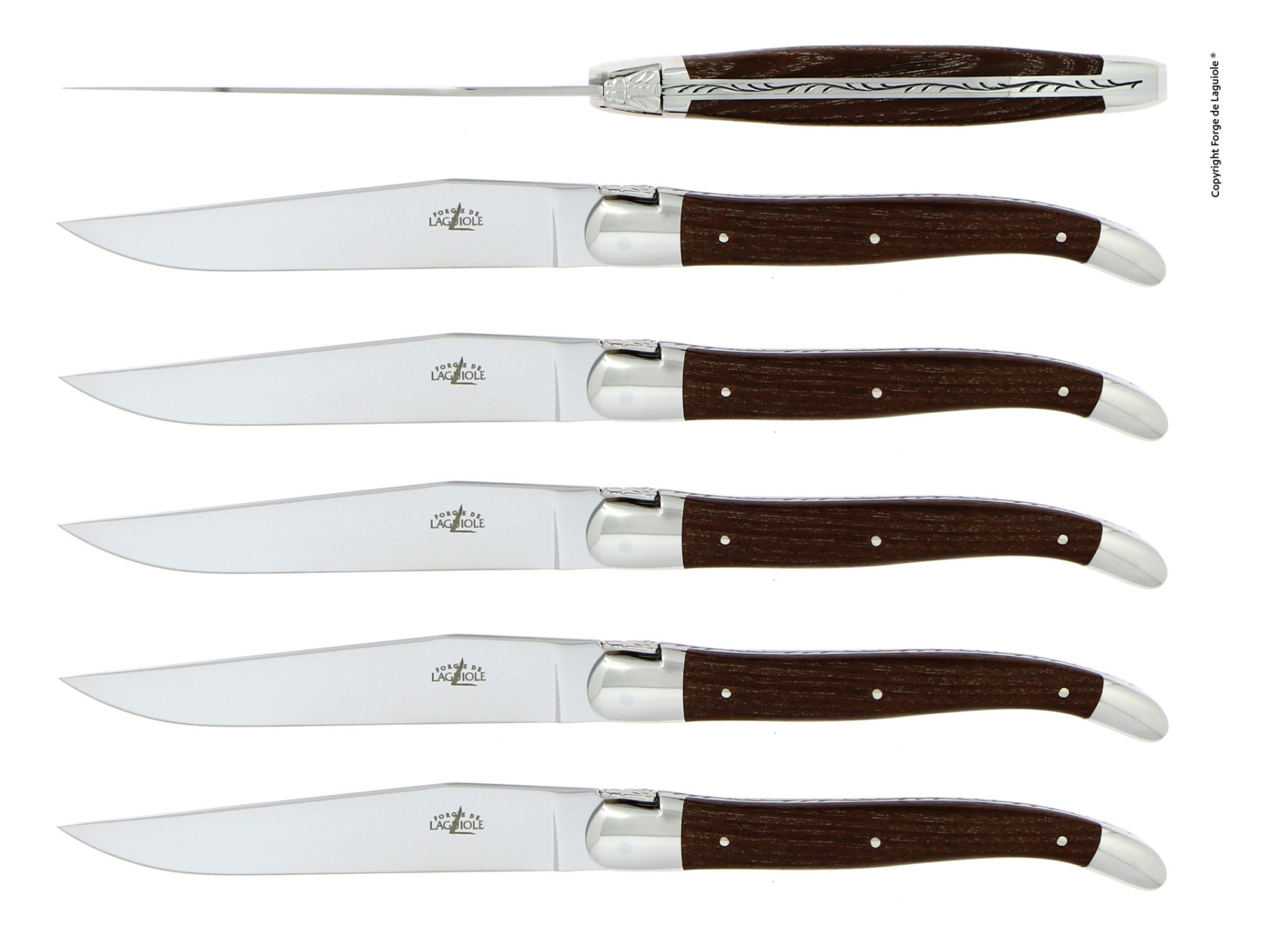 6-teiliges Laguiole Steakmesser Set mit Griffen aus dunklem Holz und Edelstahlklinge in eleganter Anordnung