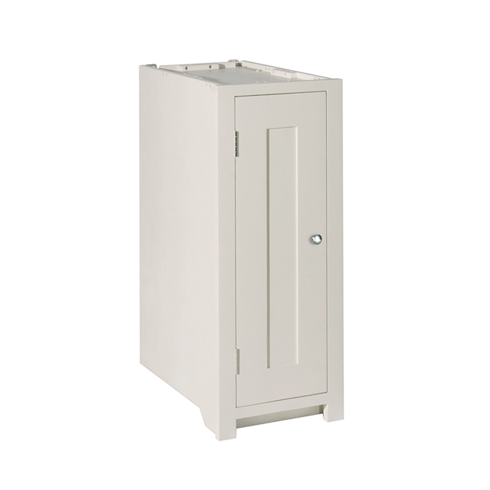 Weißer schmaler Unterschrank mit Tür und Metallgriff, geeignet für Badezimmer oder Küche