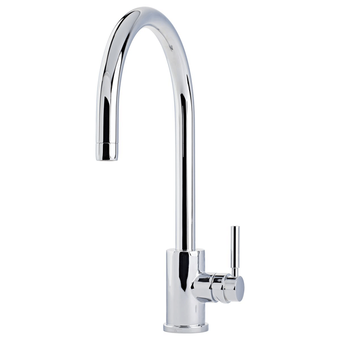 Küchenarmatur in modernem Design, hoher gebogener Auslauf, aus glänzendem Chrom mit Einhebelmischer