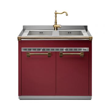 Küchenschrank in Rot mit zwei Spülbecken aus Edelstahl und goldener Wasserhahn-Armatur