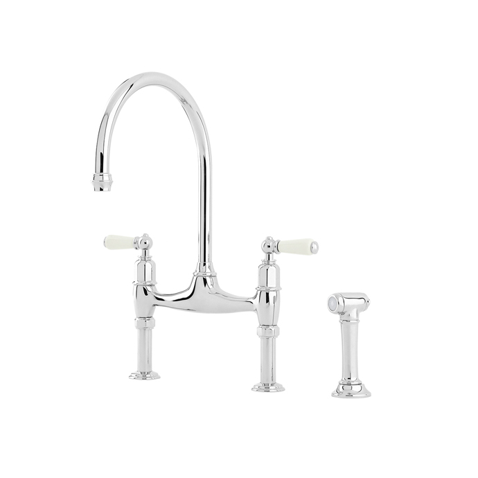 Zweigriff-Küchenarmatur im Retro-Stil mit gebogenem Auslauf und separater Handbrause, aus Chrom