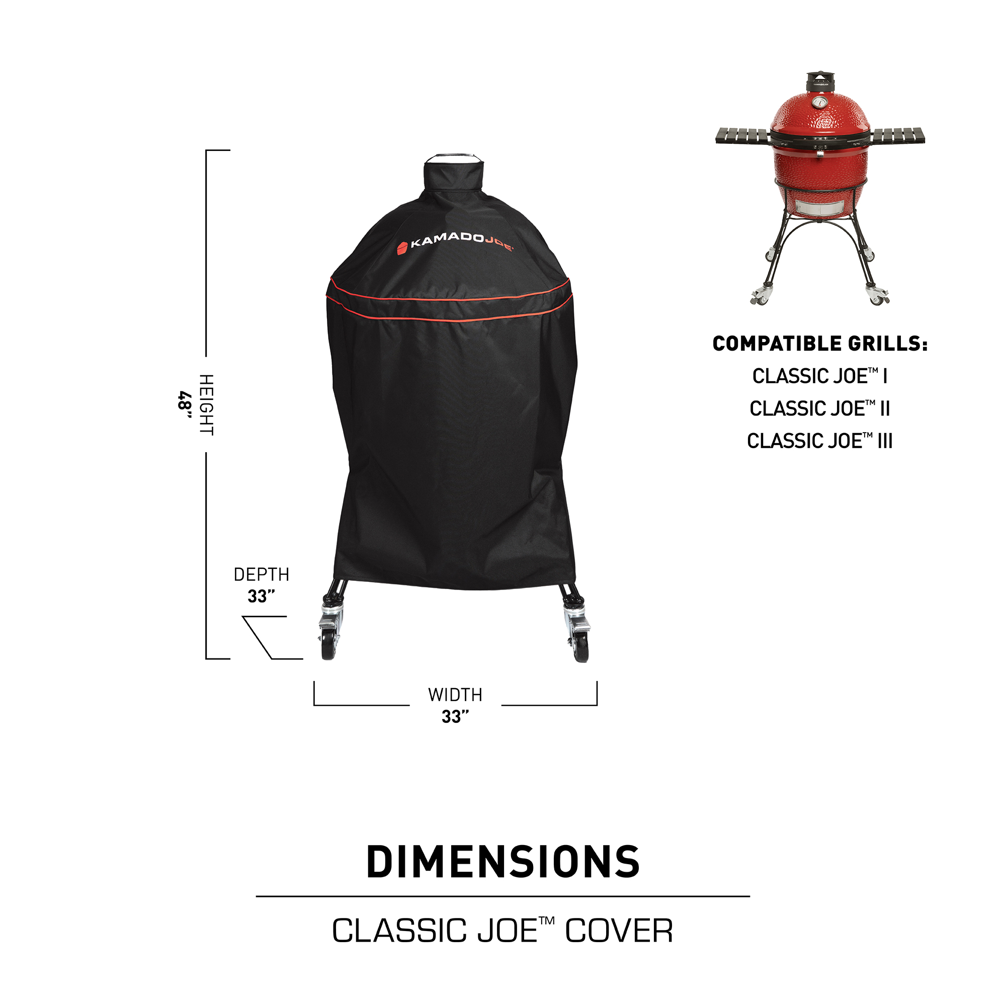 Schwarze Kamado Joe Abdeckhaube für Classic Joe Grills, passend für Modelle I, II und III, mit den Maßen 84 cm x 84 cm x 117 cm; rechts ein roter Grill als Beispielabbildung