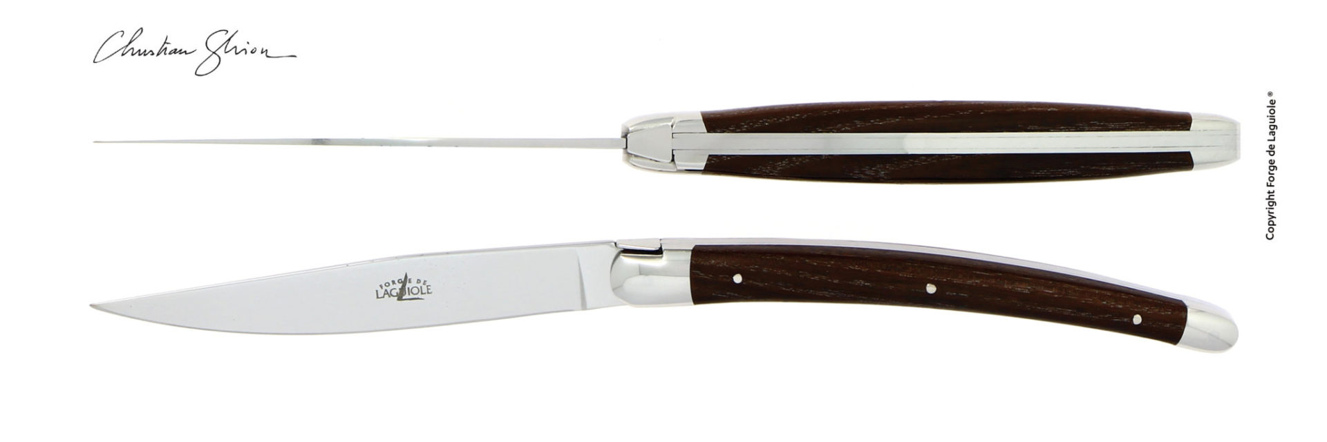 Abgebildet ist ein exklusives Laguiole Steakmesser mit Holzgriff und Edelstahlklinge, handgefertigt von Forge de Laguiole