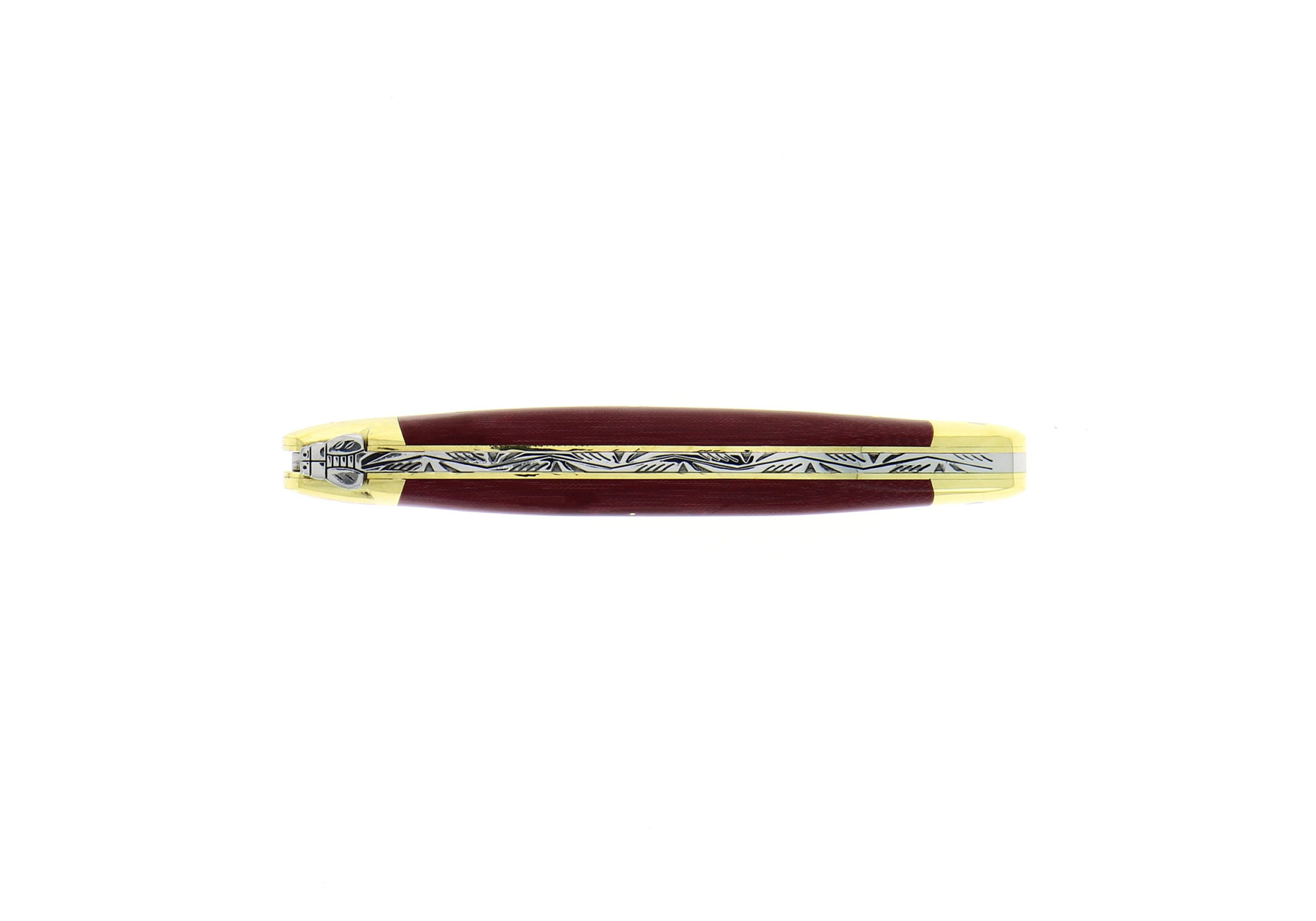 Taschenmesser mit graviertem Metallrücken und braunem Holzgriff, elegant verarbeitet