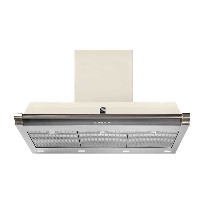 Dunstabzugshaube in Edelstahl und beige, Küchenhaube mit drei Filtern und Bedienfeld, Design-Ansicht von unten