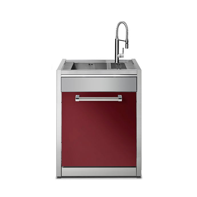 Freistehende Mini-Küchenzeile mit Edelstahlspüle, roter Front und flexiblem Wasserhahn